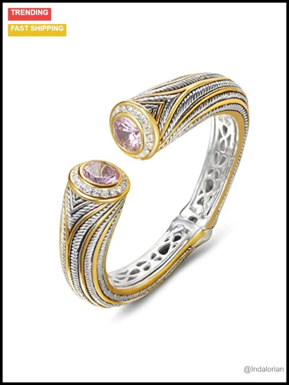 Vintage Multi Strand Twisted Wire Cable CZ Cuff Bangle Two Tone Gold Silver